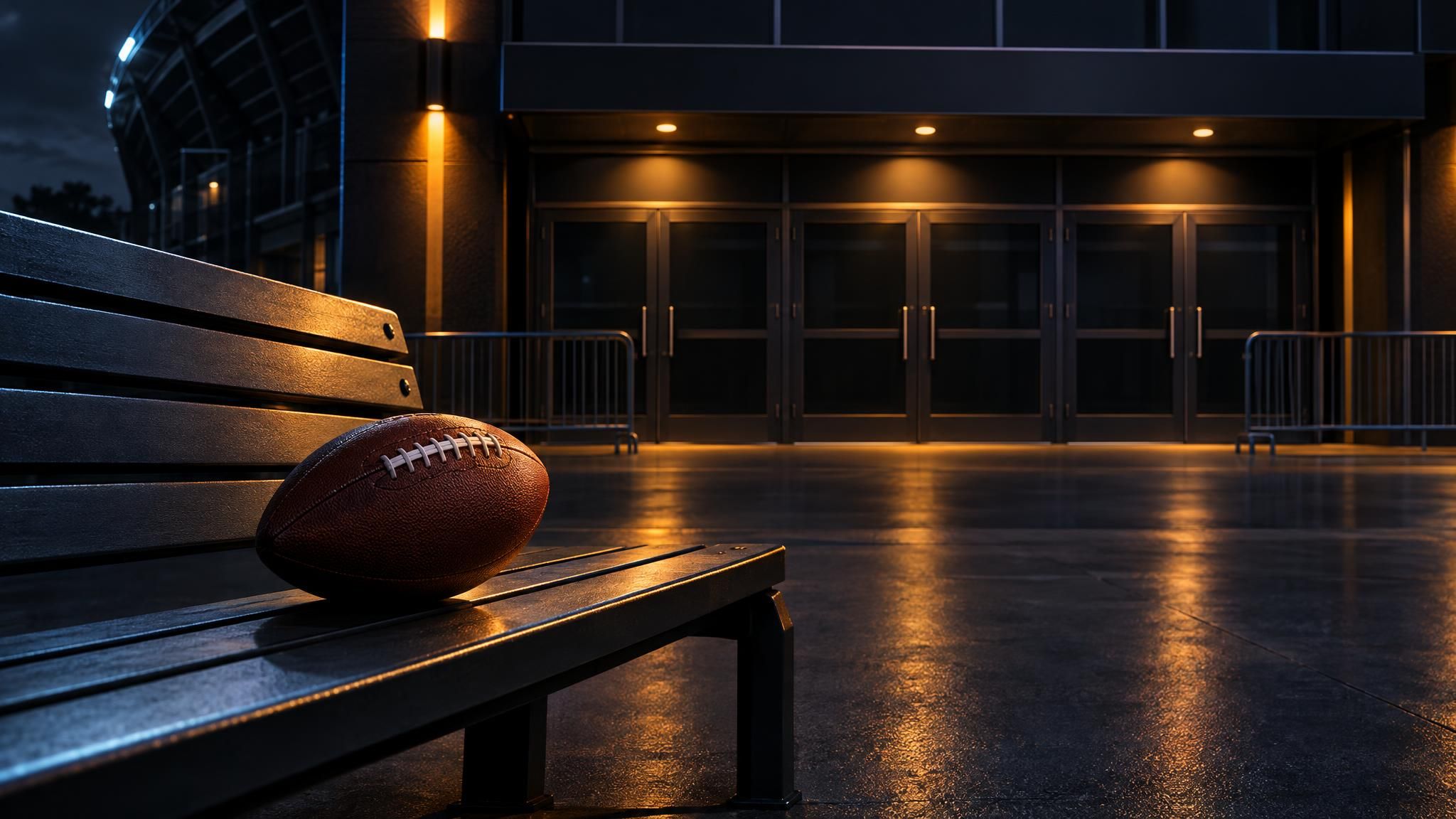 American Football auf einer Bank vor einem geschlossenen Eingang