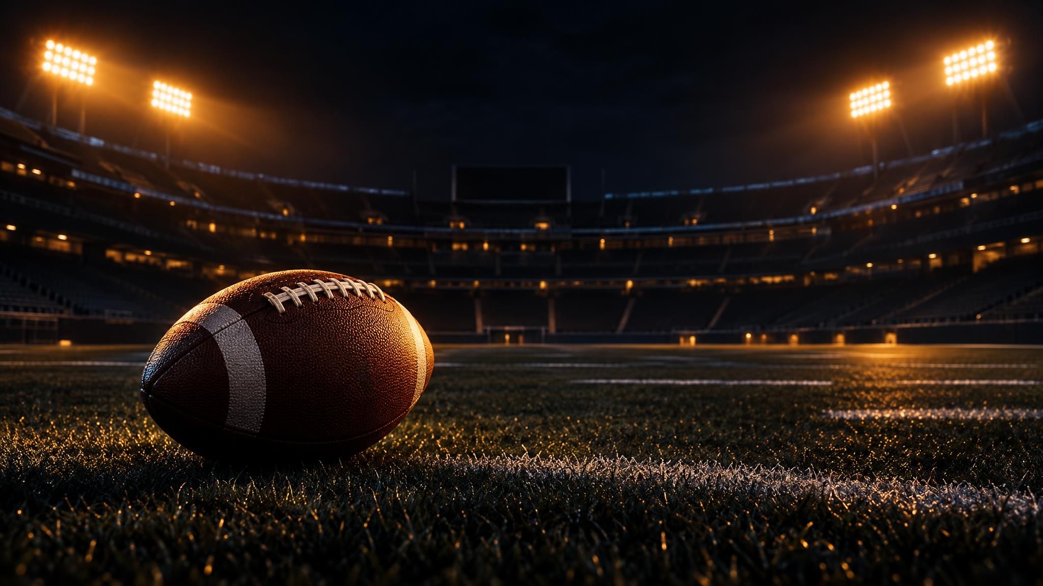 American Football auf dunklem Rasen im beleuchteten Stadion