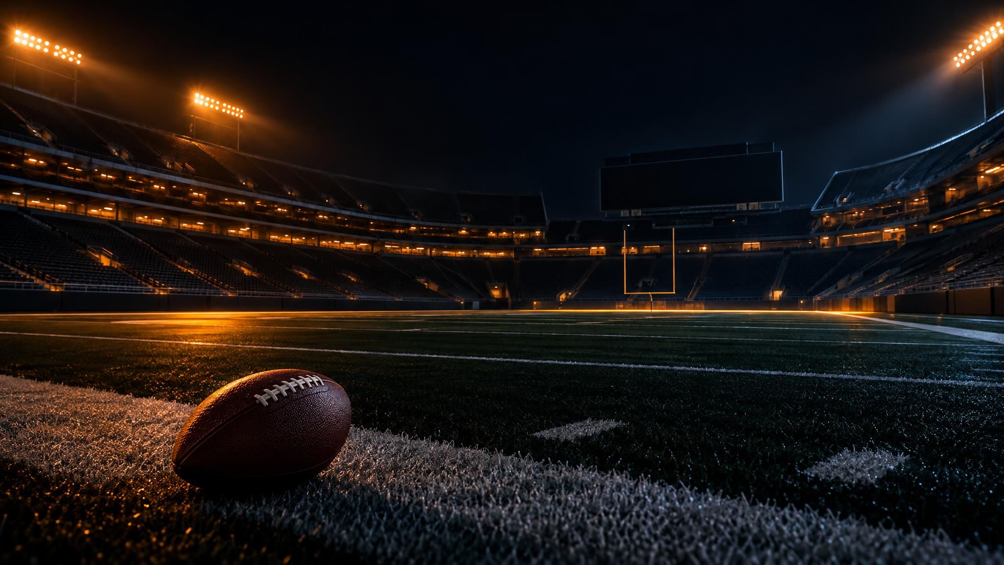 Ein Football am Rand eines leeren Stadions bei Nacht