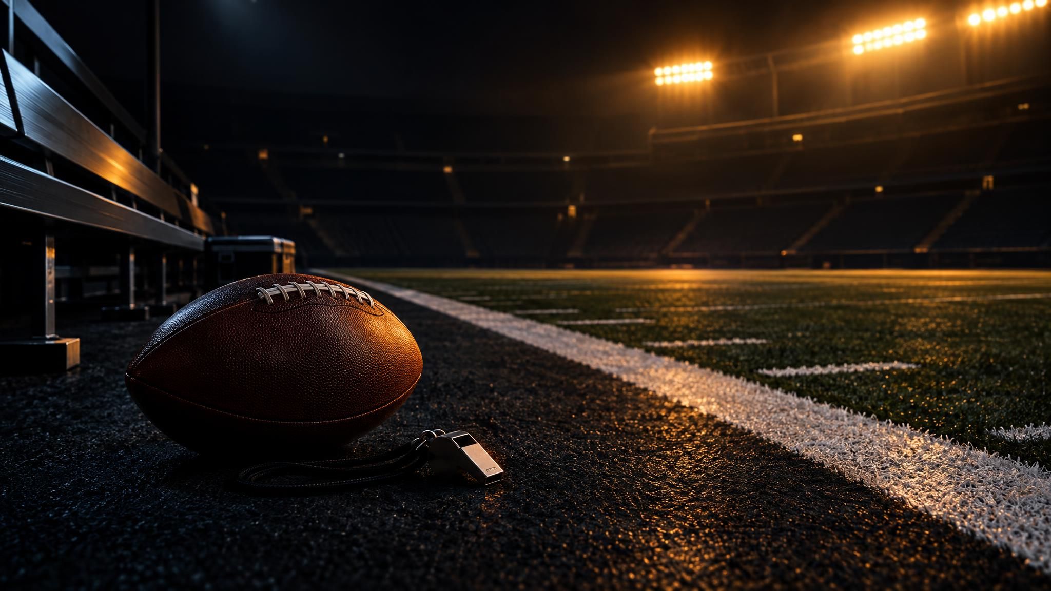 Football und Schiedsrichterpfeife an einer leeren Seitenlinie im Flutlicht
