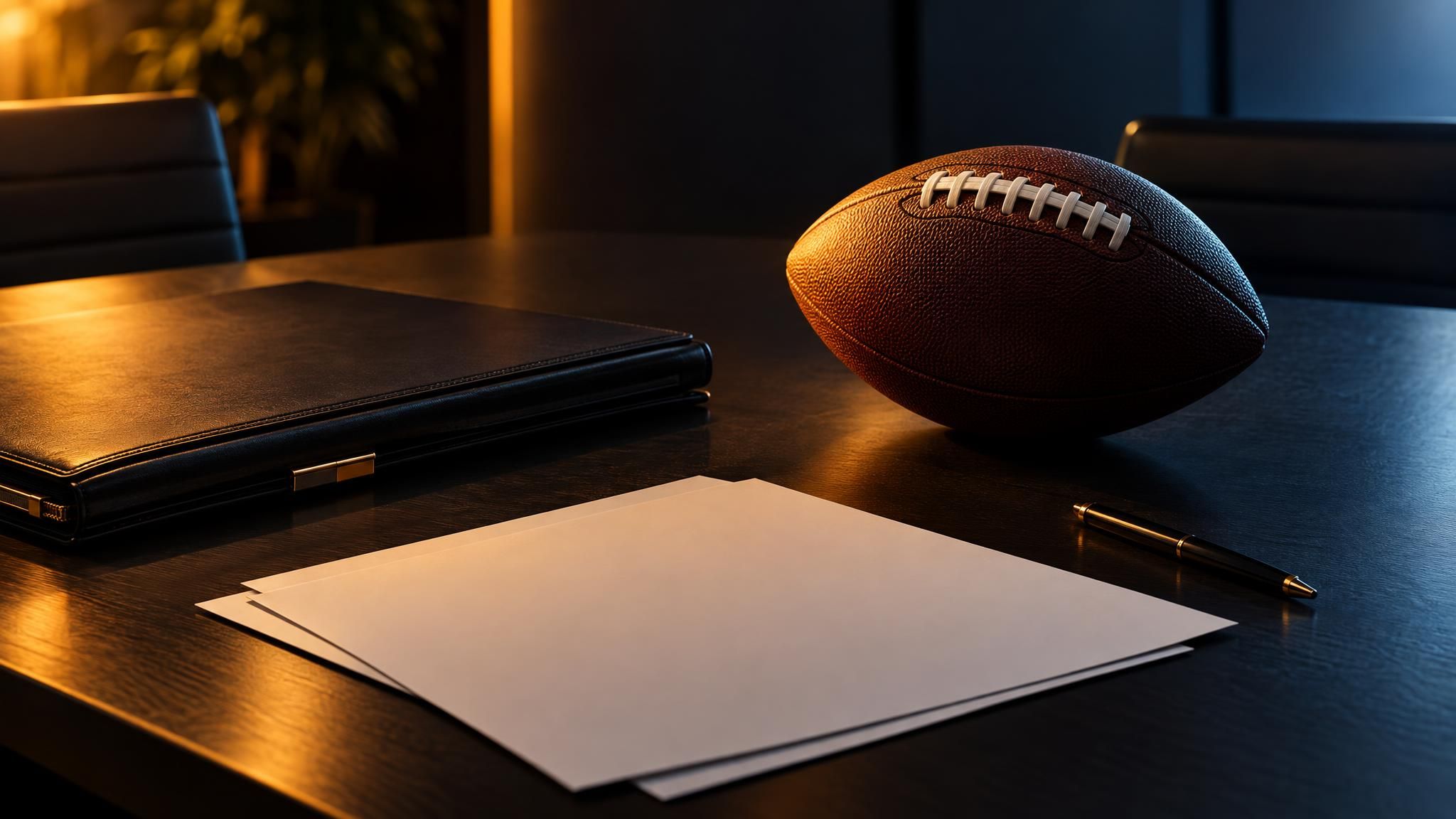 American Football neben einer geschlossenen Aktenmappe auf einem dunklen Tisch