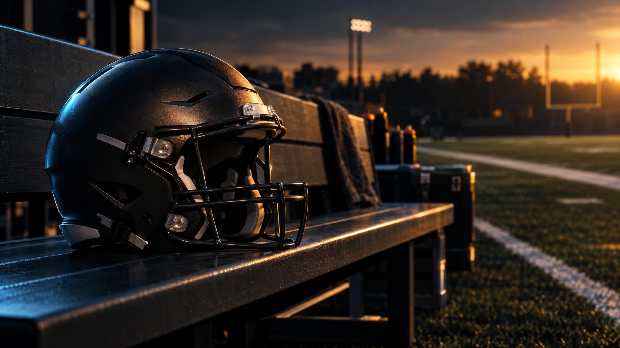 Neutraler Football-Helm auf einer leeren Bank am Spielfeldrand