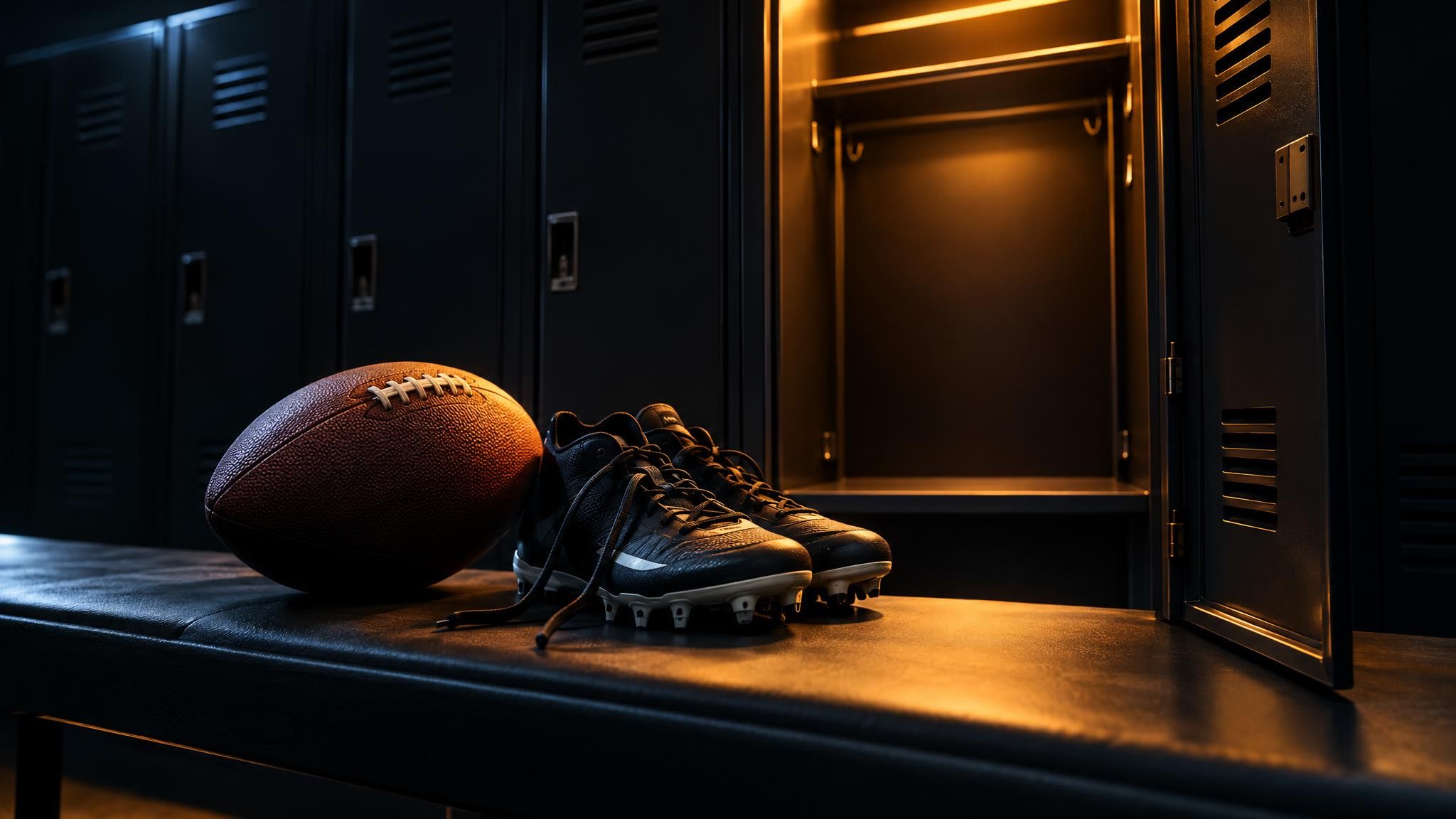 Football und Footballschuhe auf einer Bank vor einem leeren Spind