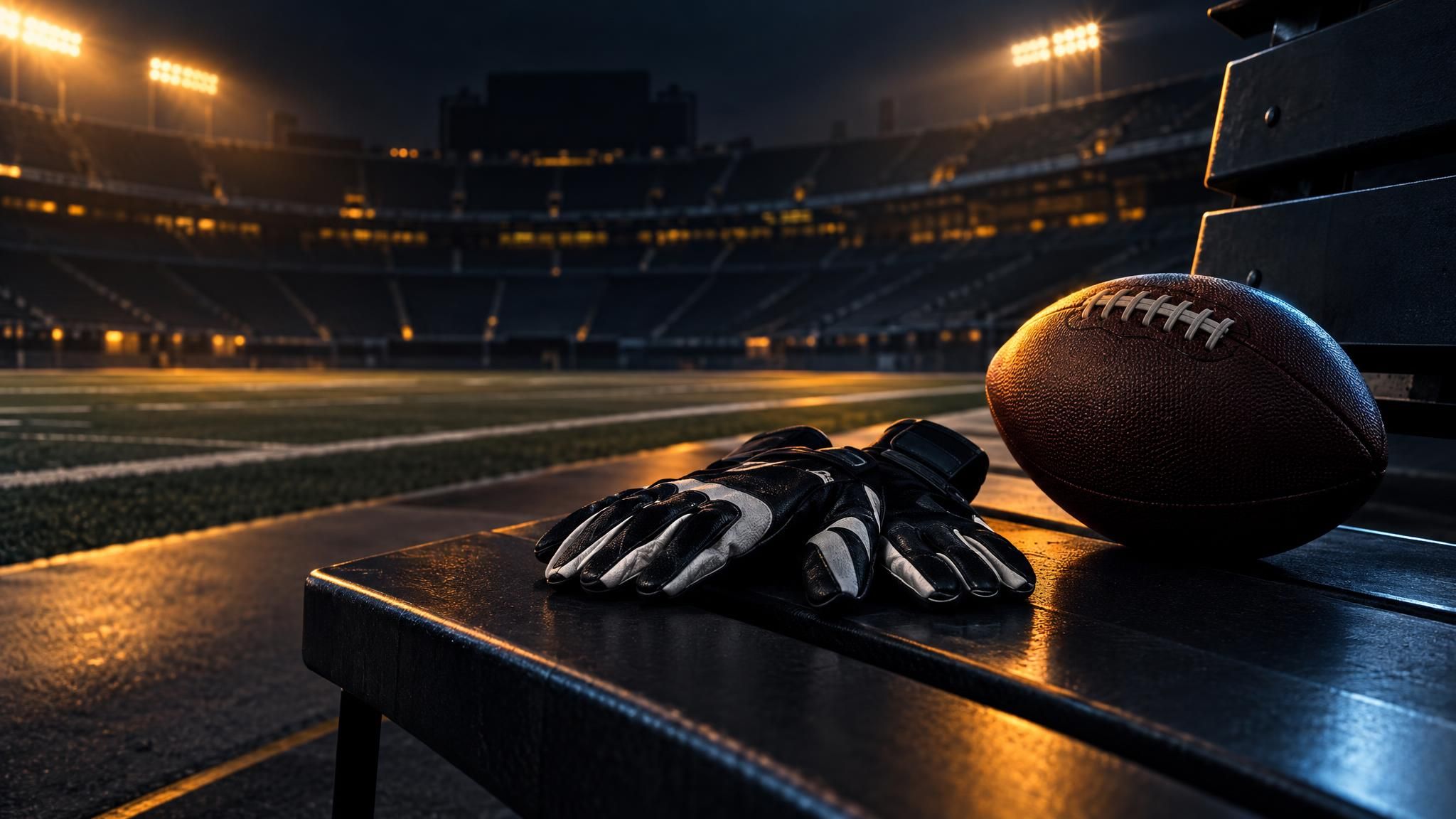 Football und Fanghandschuhe auf einer dunklen Bank im Stadion