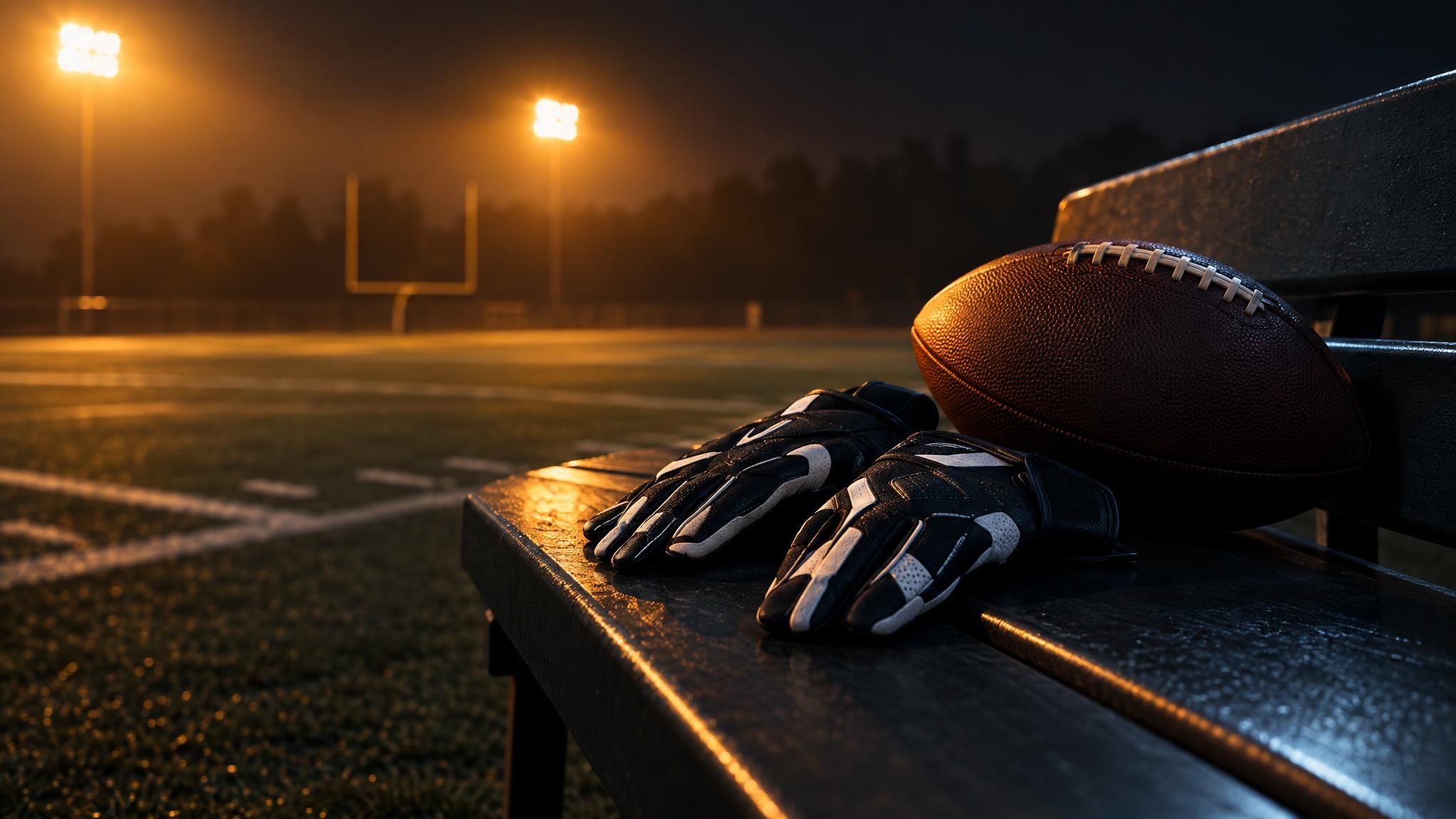 Football und Receiver-Handschuhe auf einer Bank am leeren Trainingsplatz im Flutlicht