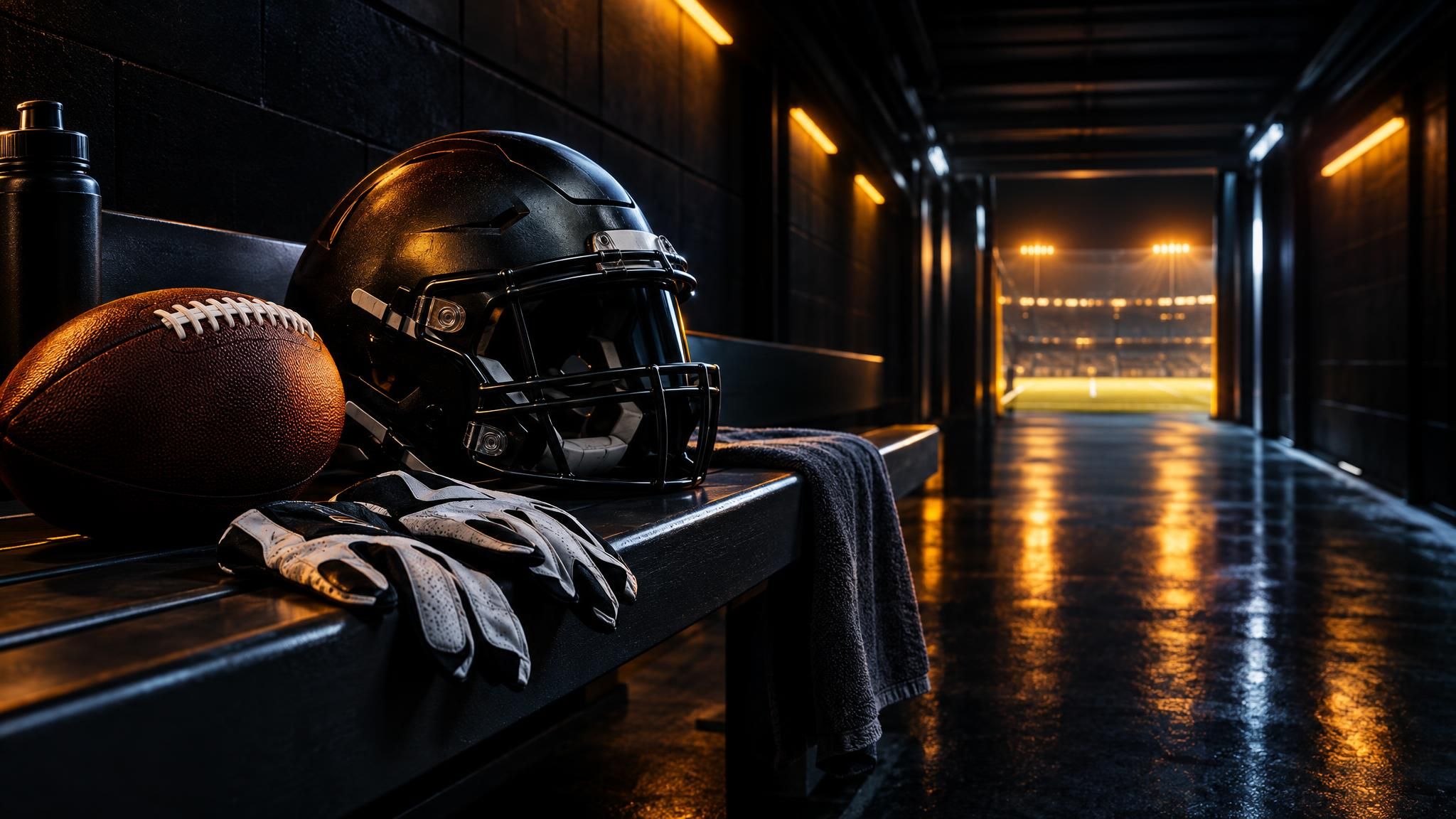 Football, Helm und Handschuhe auf einer Bank in einem dunklen Stadiontunnel