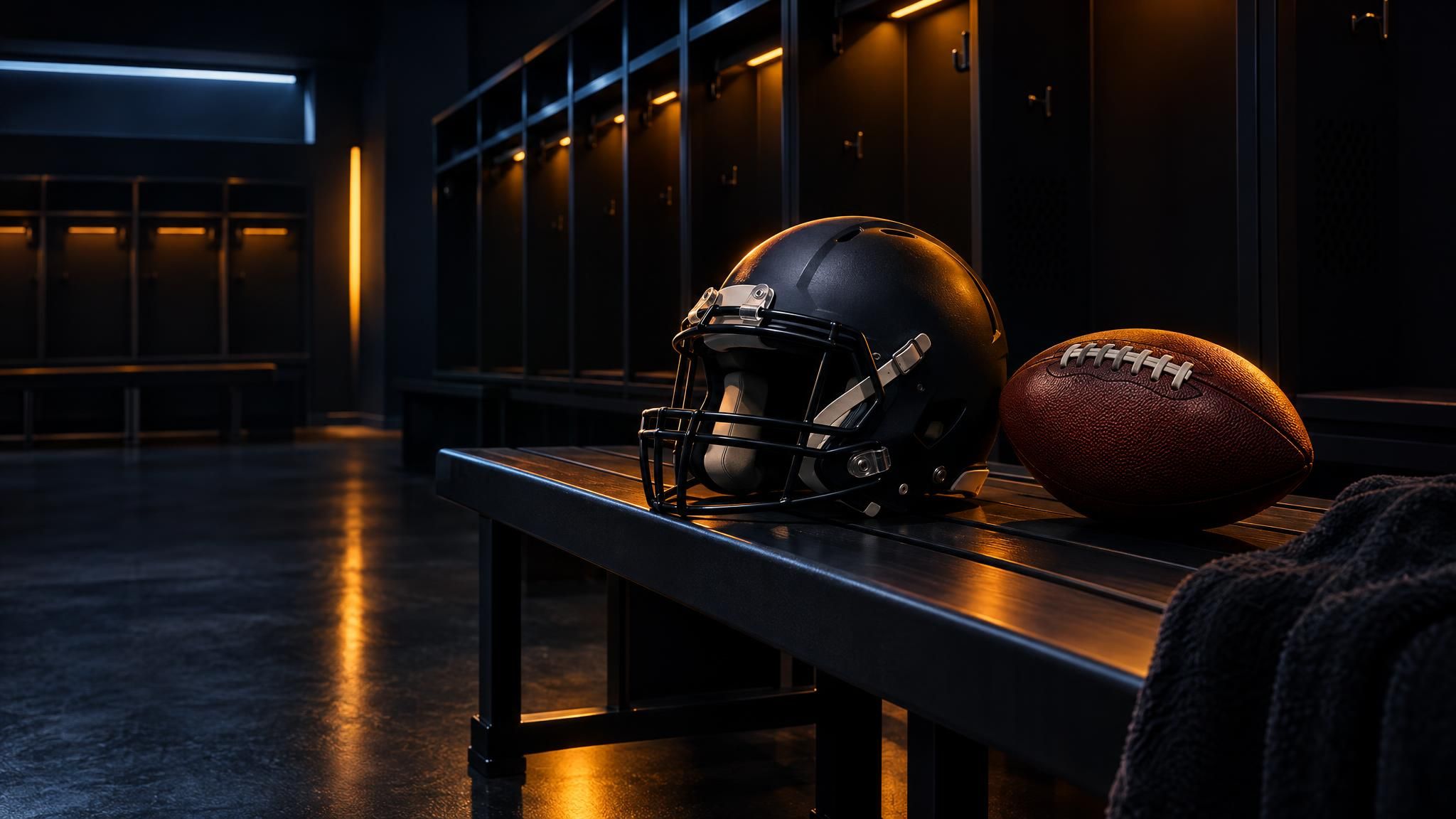 Neutraler Footballhelm und Football auf einer Bank in einer dunklen Umkleidekabine.