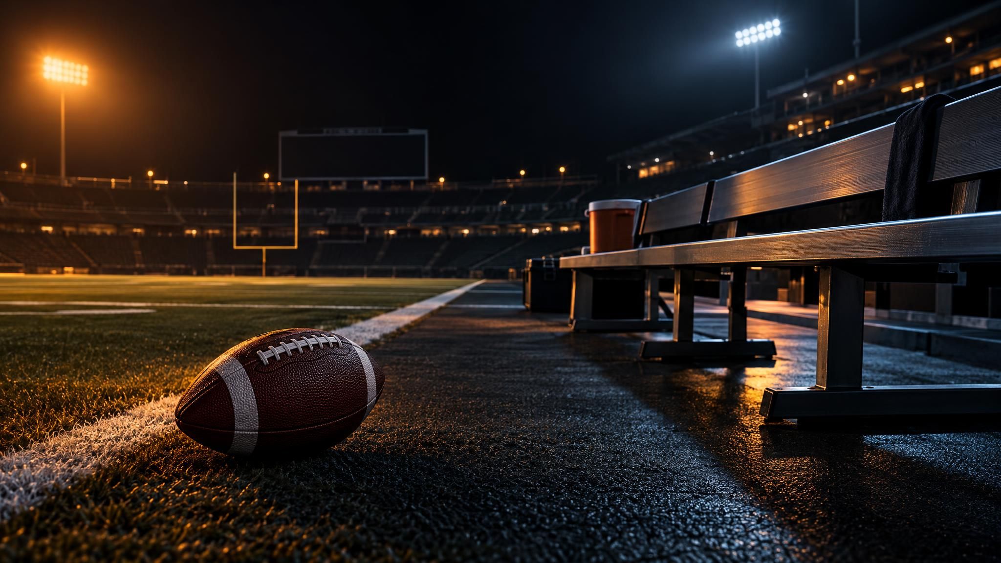 American Football neben einer leeren Bank am Spielfeldrand bei Nacht