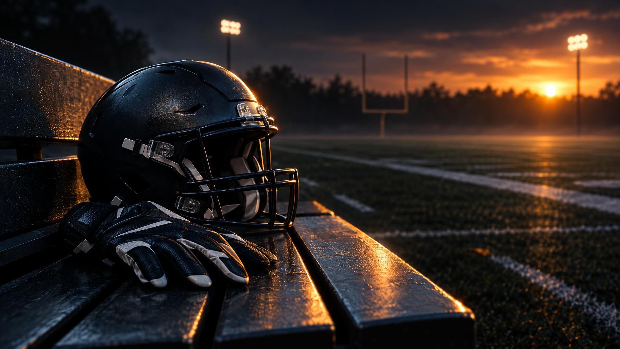 Football-Helm und Fanghandschuhe auf einer Bank im warmen Flutlicht