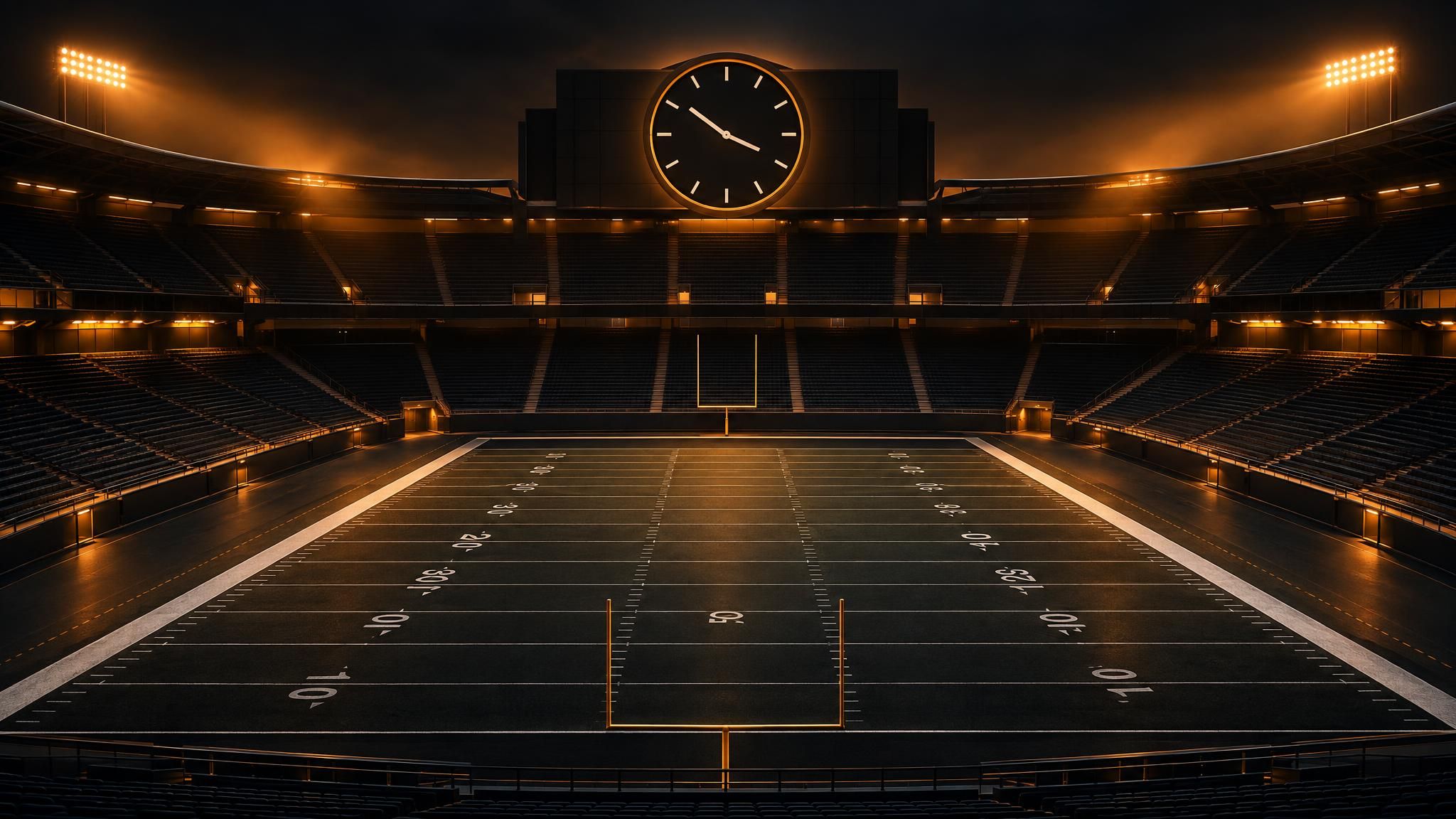 Leeres Footballstadion mit einer Stadionuhr im warmen Licht