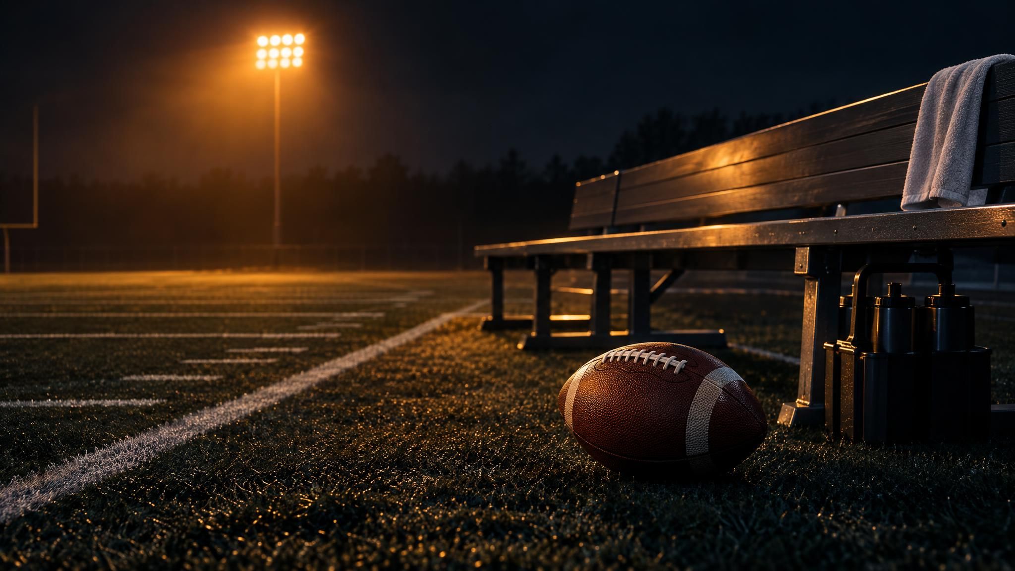 American Football vor einer leeren Spielerbank im Flutlicht