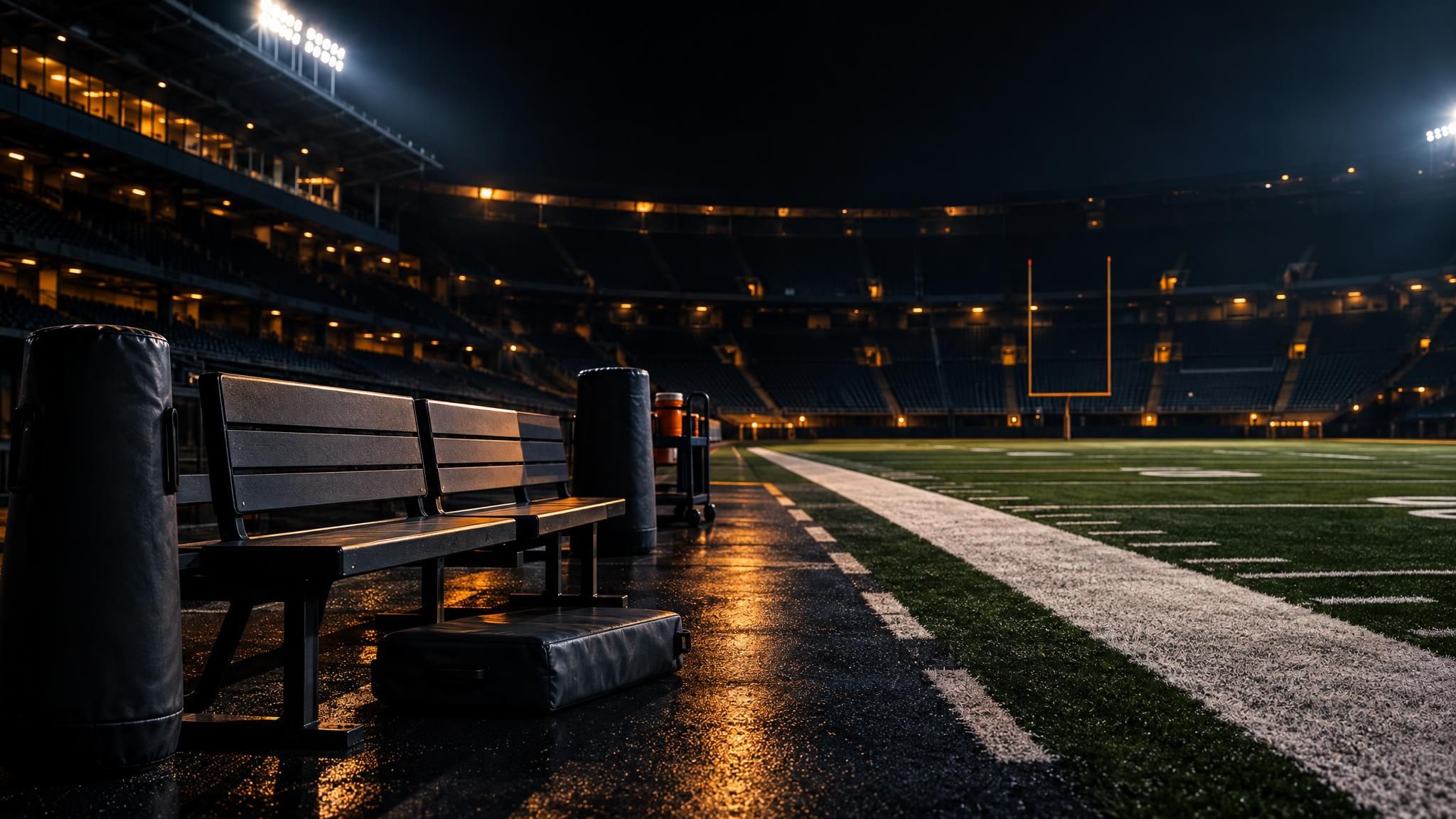 Leere Sitzplätze und Trainingspolster an einer Football-Seitenlinie im Flutlicht