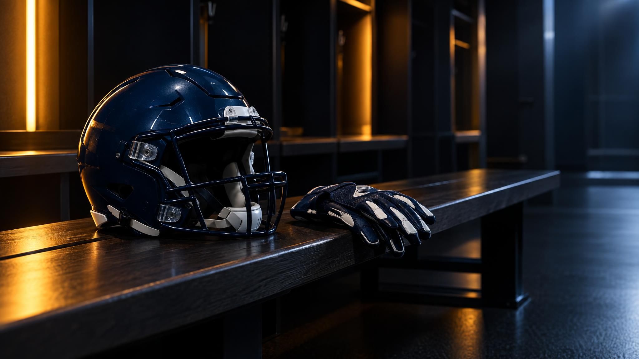 Dunkelblauer Footballhelm und Handschuhe auf einer leeren Umkleidebank