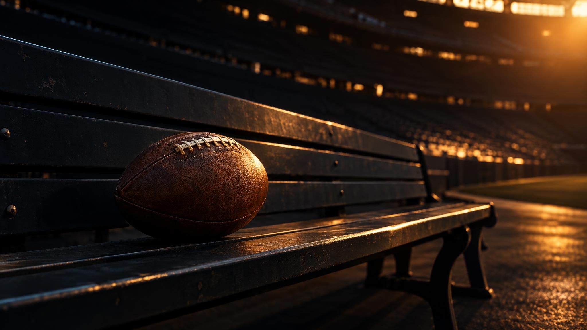 Ein Football auf einer leeren Stadionbank im warmen Licht