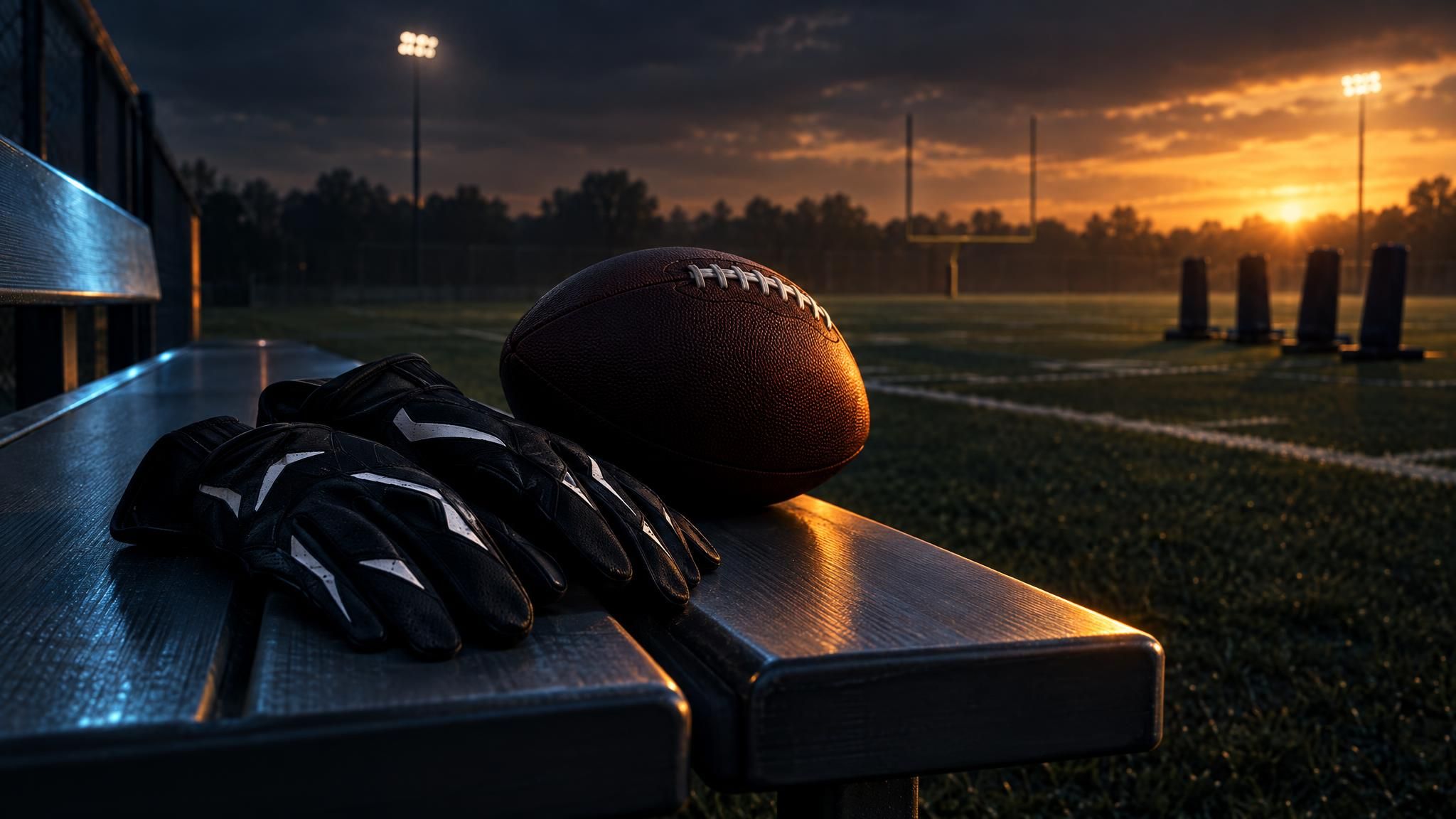 Football und Receiver-Handschuhe auf einer Bank am leeren Trainingsfeld