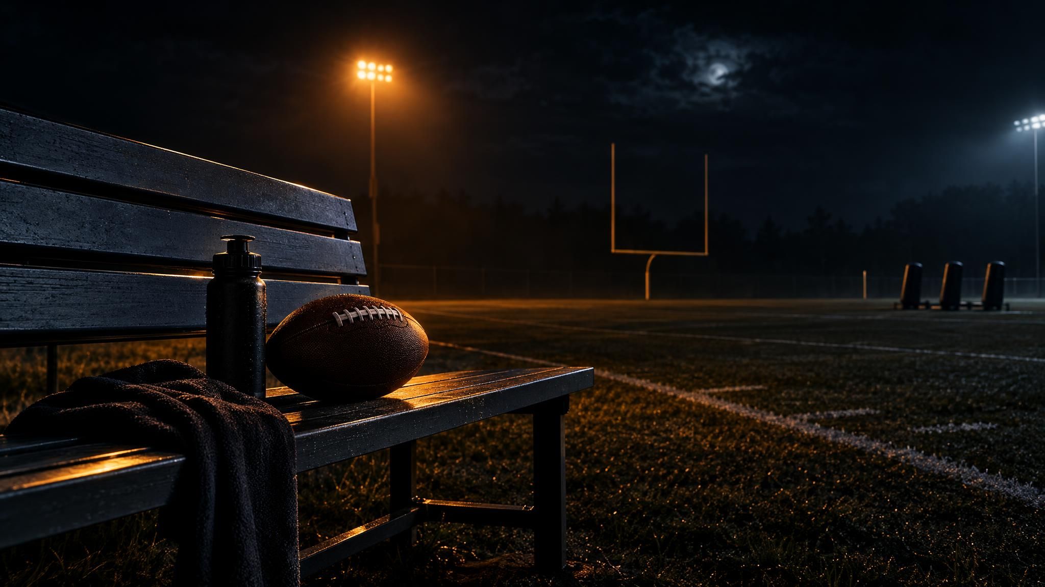 Football auf einer leeren Bank am beleuchteten Trainingsfeld
