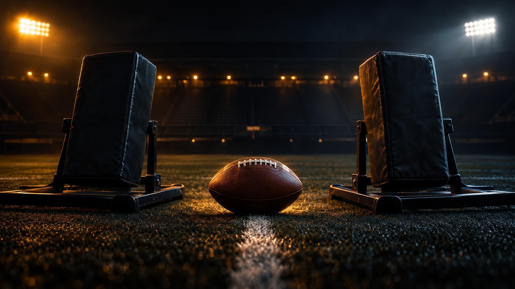 Football und zwei leere Trainingsschlitten im dunklen Stadion mit warmem Flutlicht