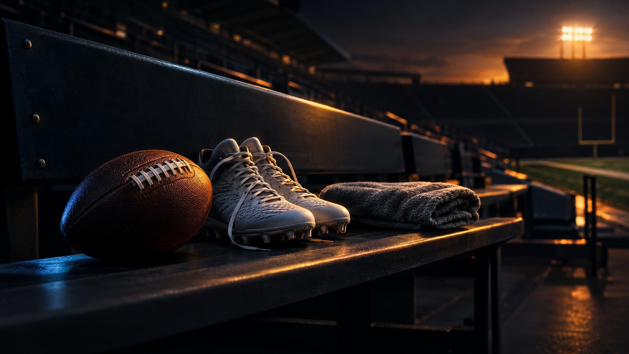 Football, Schuhe und gefaltetes Handtuch auf einer leeren Stadionbank im warmen Flutlicht