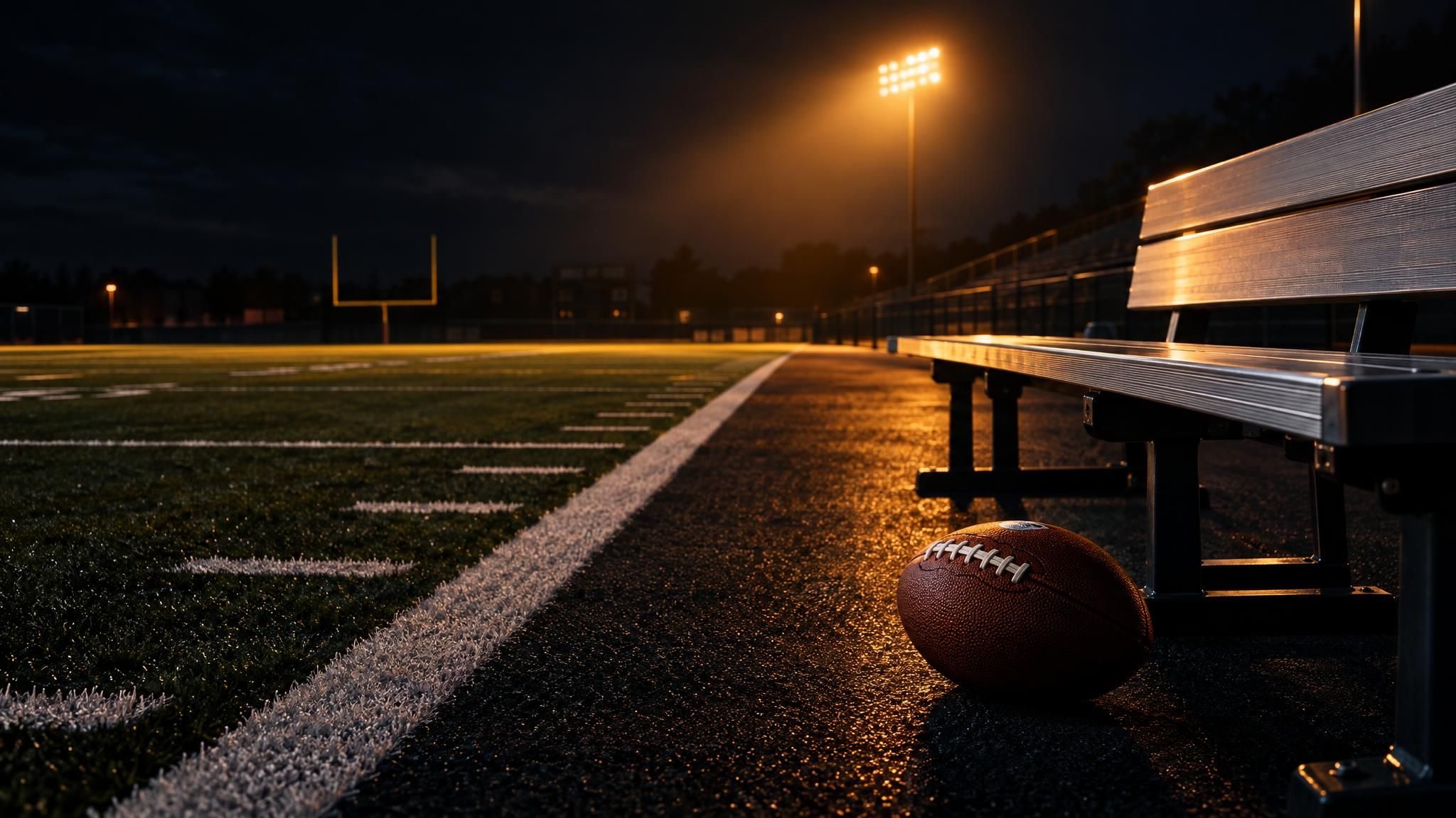 Football neben einer leeren Seitenlinienbank unter Flutlicht