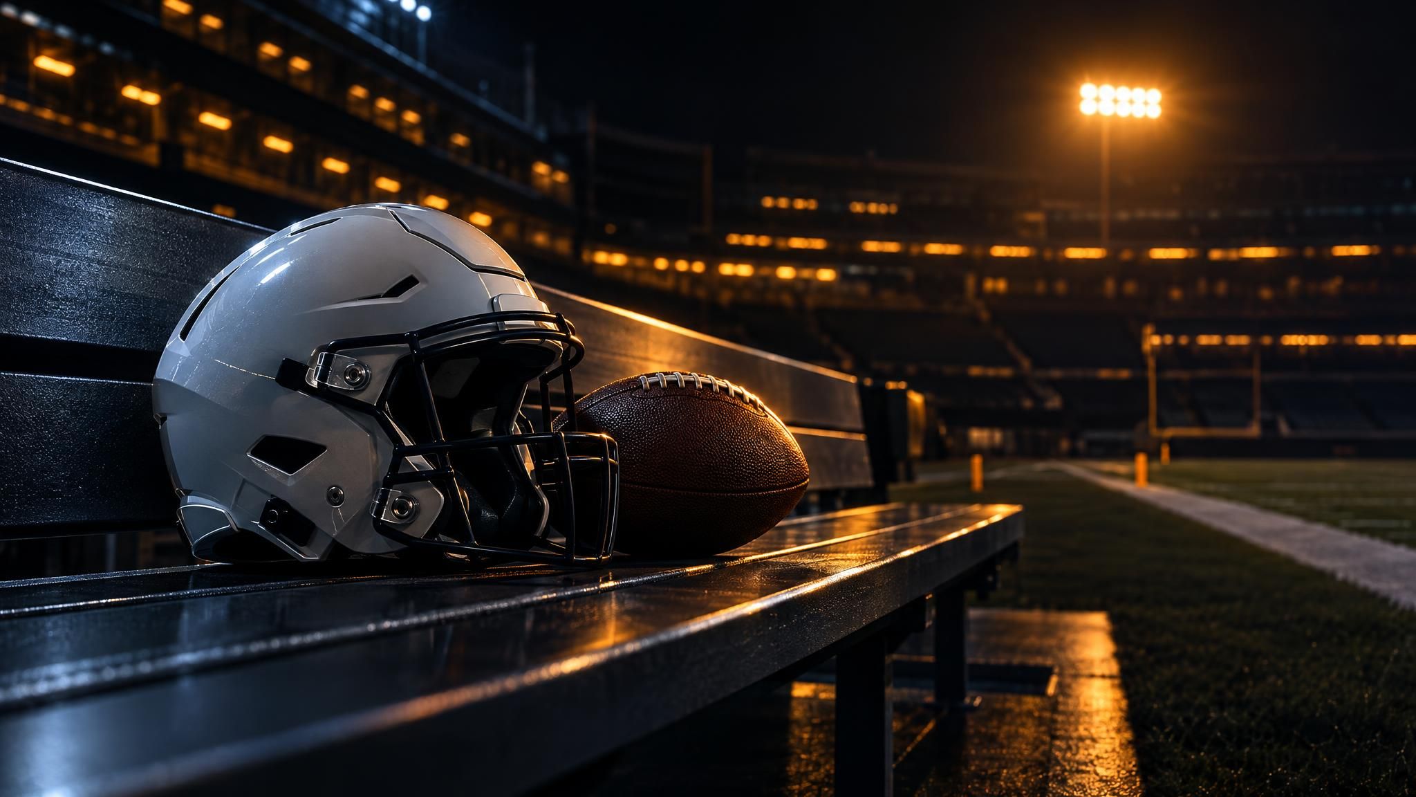 Neutraler Football-Helm und Ball auf einer Seitenlinienbank bei Nacht
