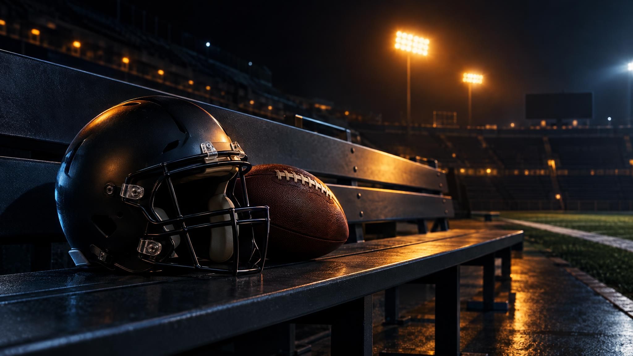 Unmarkierter Footballhelm und Ball an einer leeren Spielerbank im Stadion