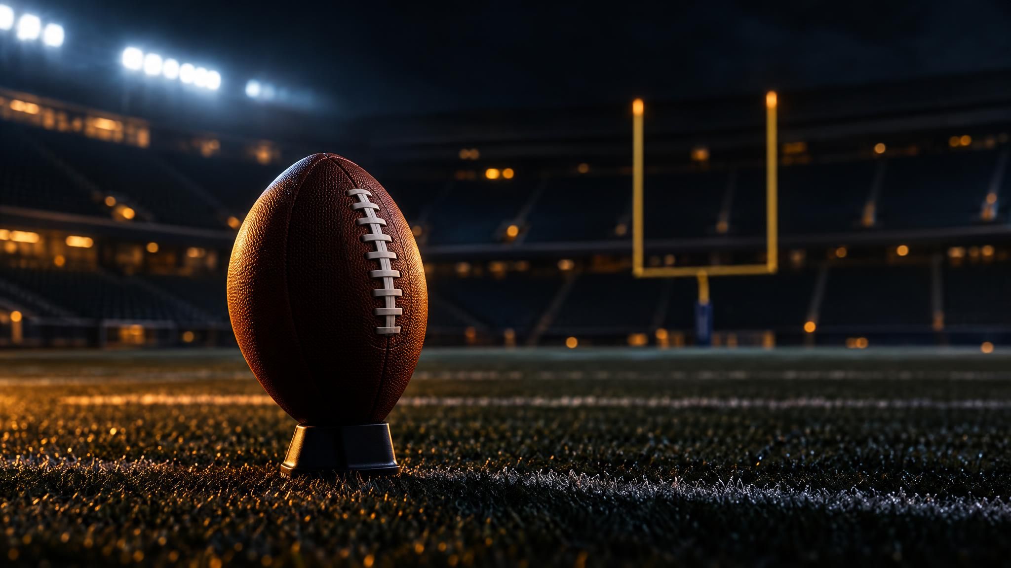 Football auf einem Tee vor beleuchteten Torpfosten bei Nacht