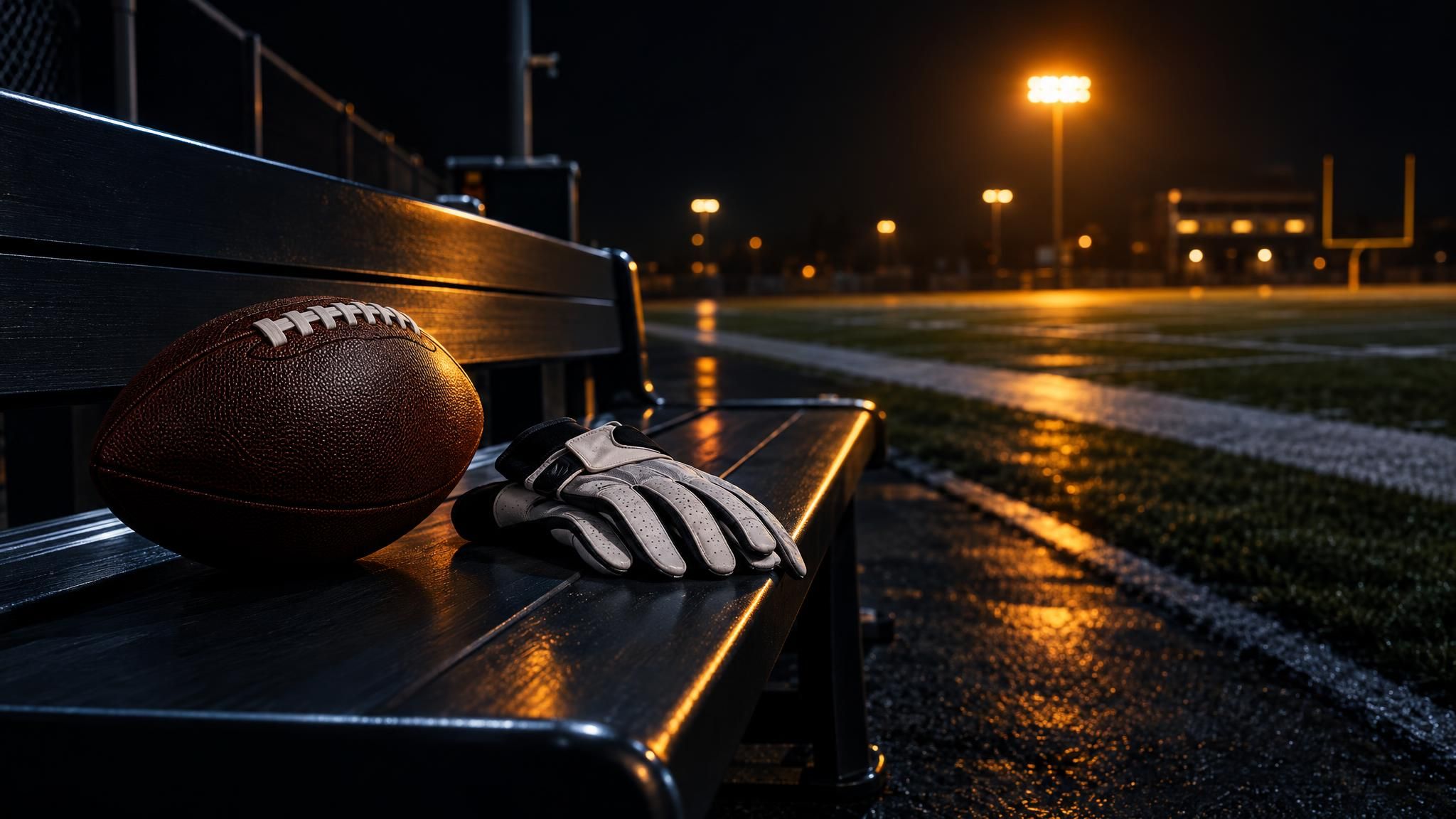 American Football und Handschuhe auf einer Bank am Spielfeldrand