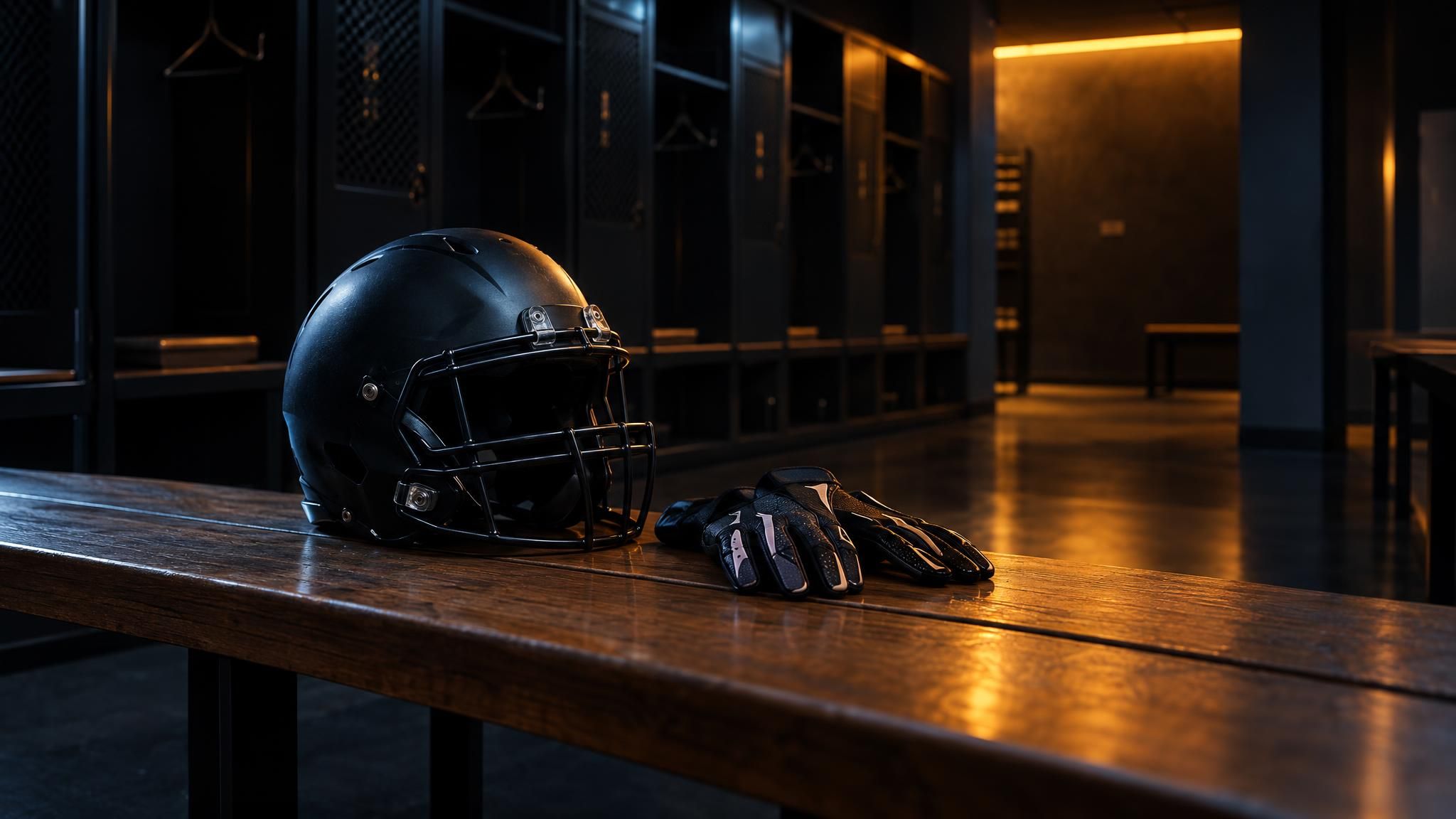 Dunkler Footballhelm und Receiver-Handschuhe auf einer leeren Umkleidebank