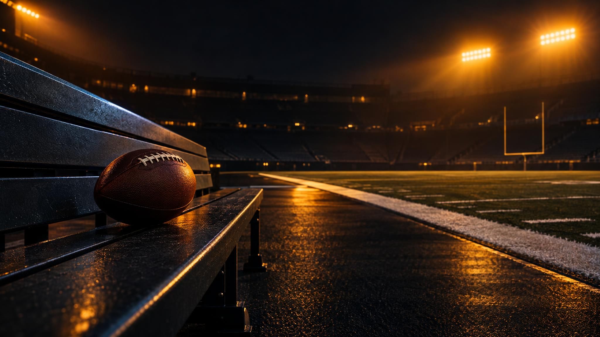 American Football auf einer leeren Stadionbank im Flutlicht