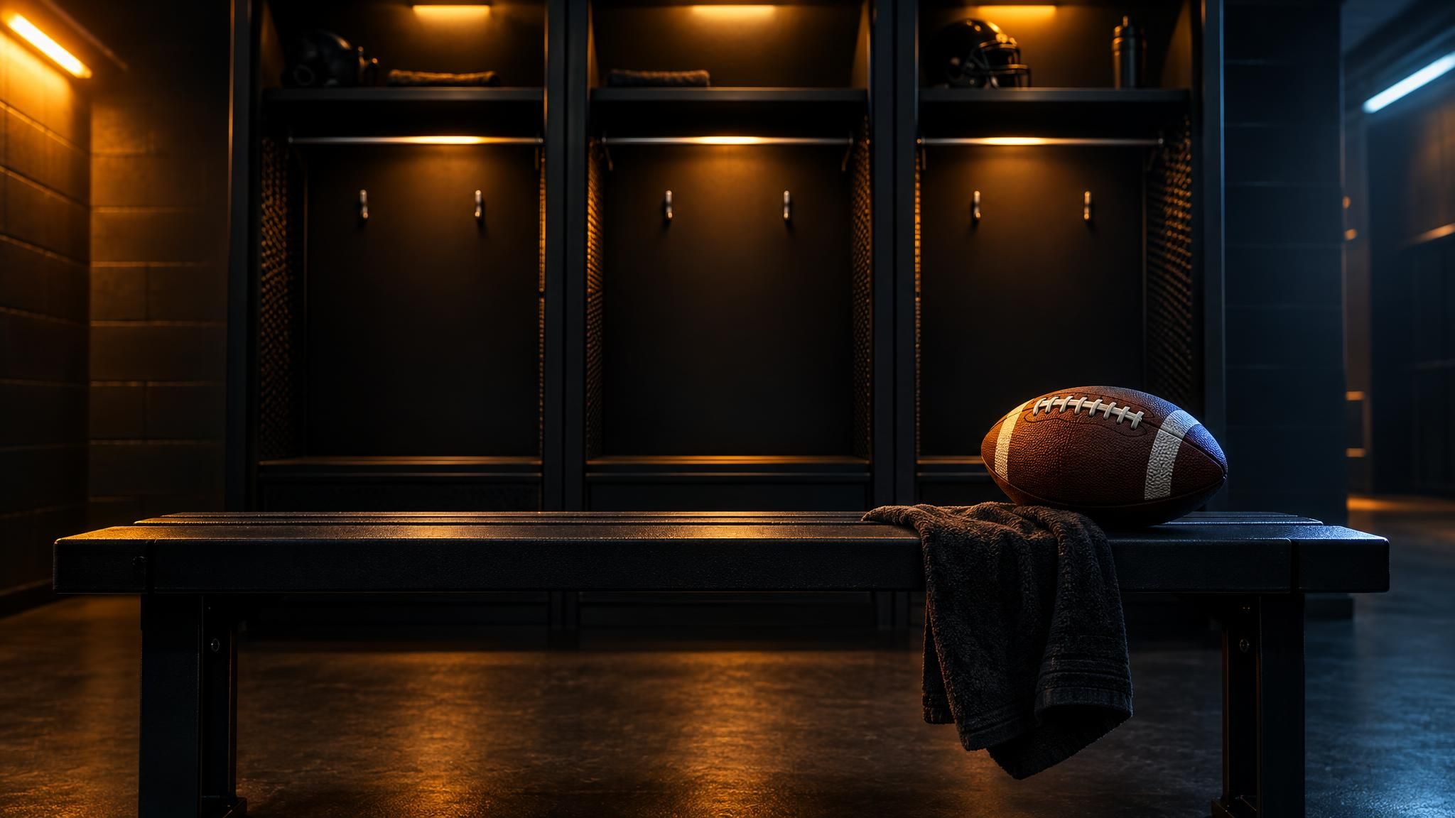 American Football auf einer leeren Bank vor dunklen Ausrüstungsfächern