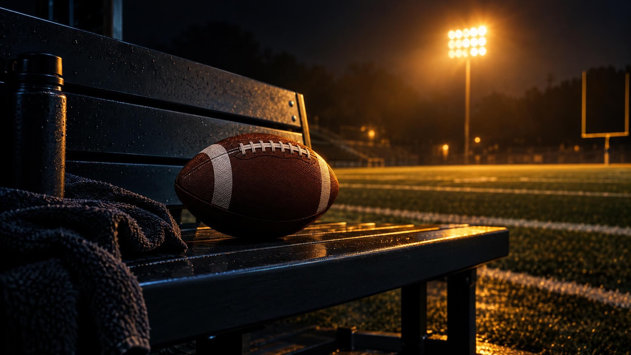 American Football auf einer dunklen Bank am beleuchteten Spielfeldrand