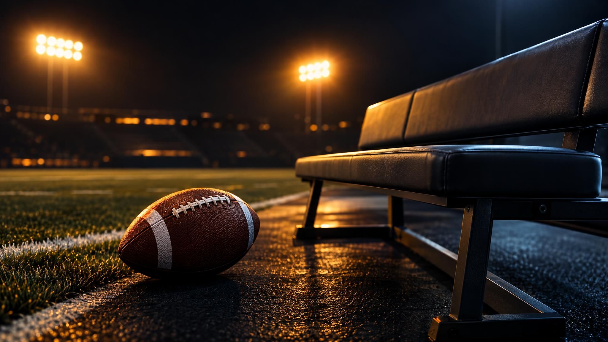 Football neben einer leeren Bank am Spielfeldrand unter Flutlicht.