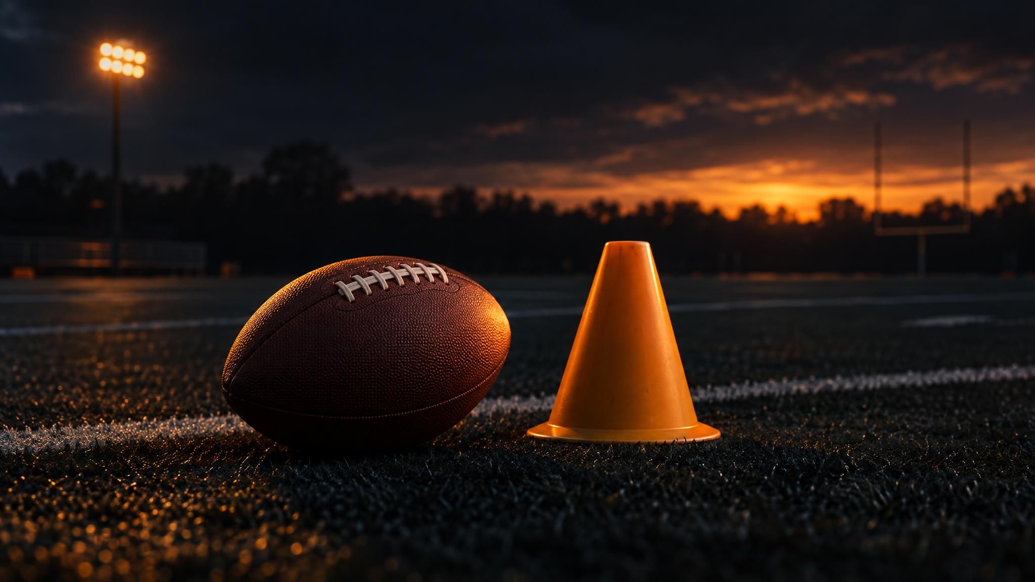 American Football und Trainingskegel auf einem leeren Trainingsplatz im Abendlicht