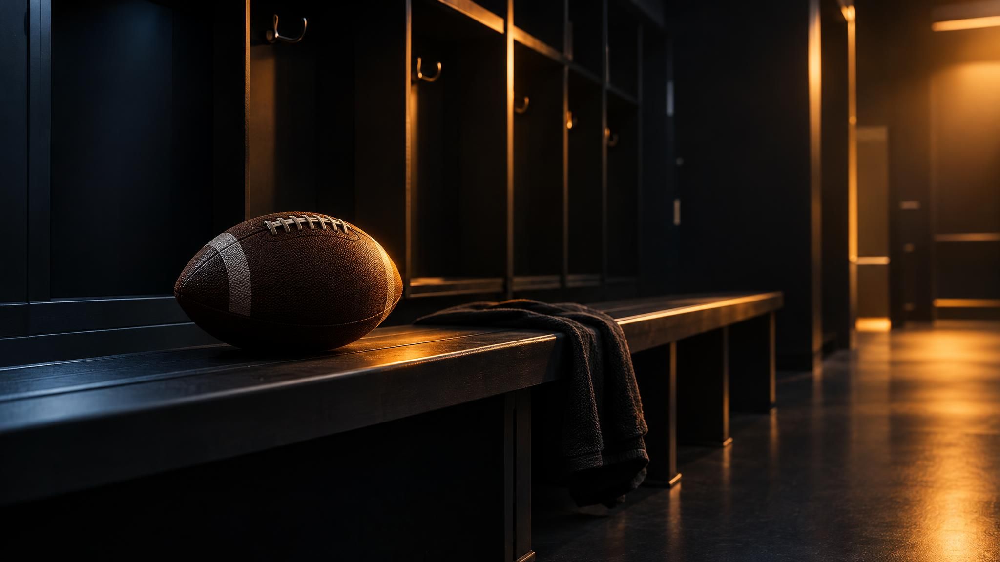American Football auf einer dunklen Umkleidebank im warmen Licht