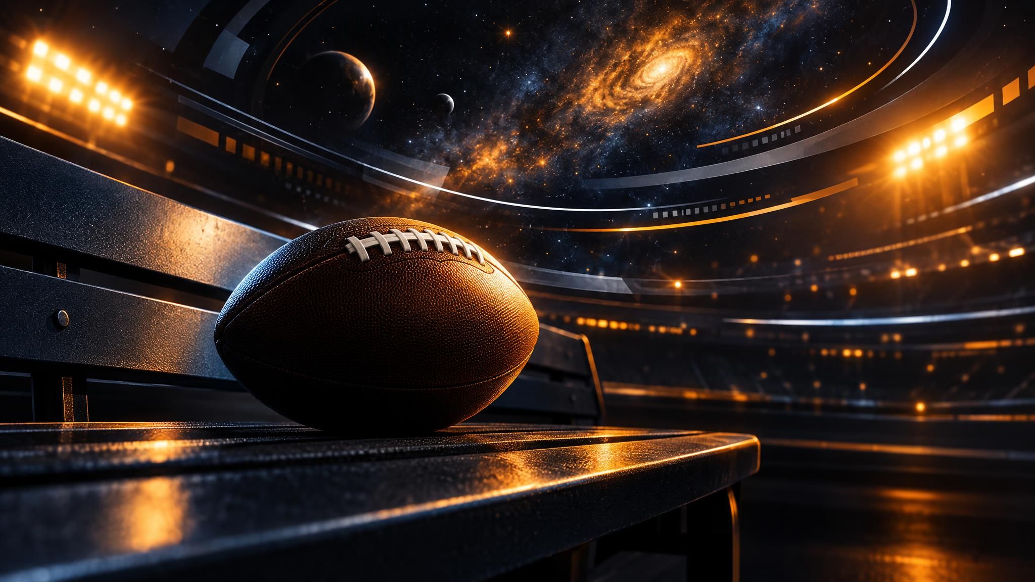 Football vor dunkler Sternenkulisse und warmem Stadionlicht