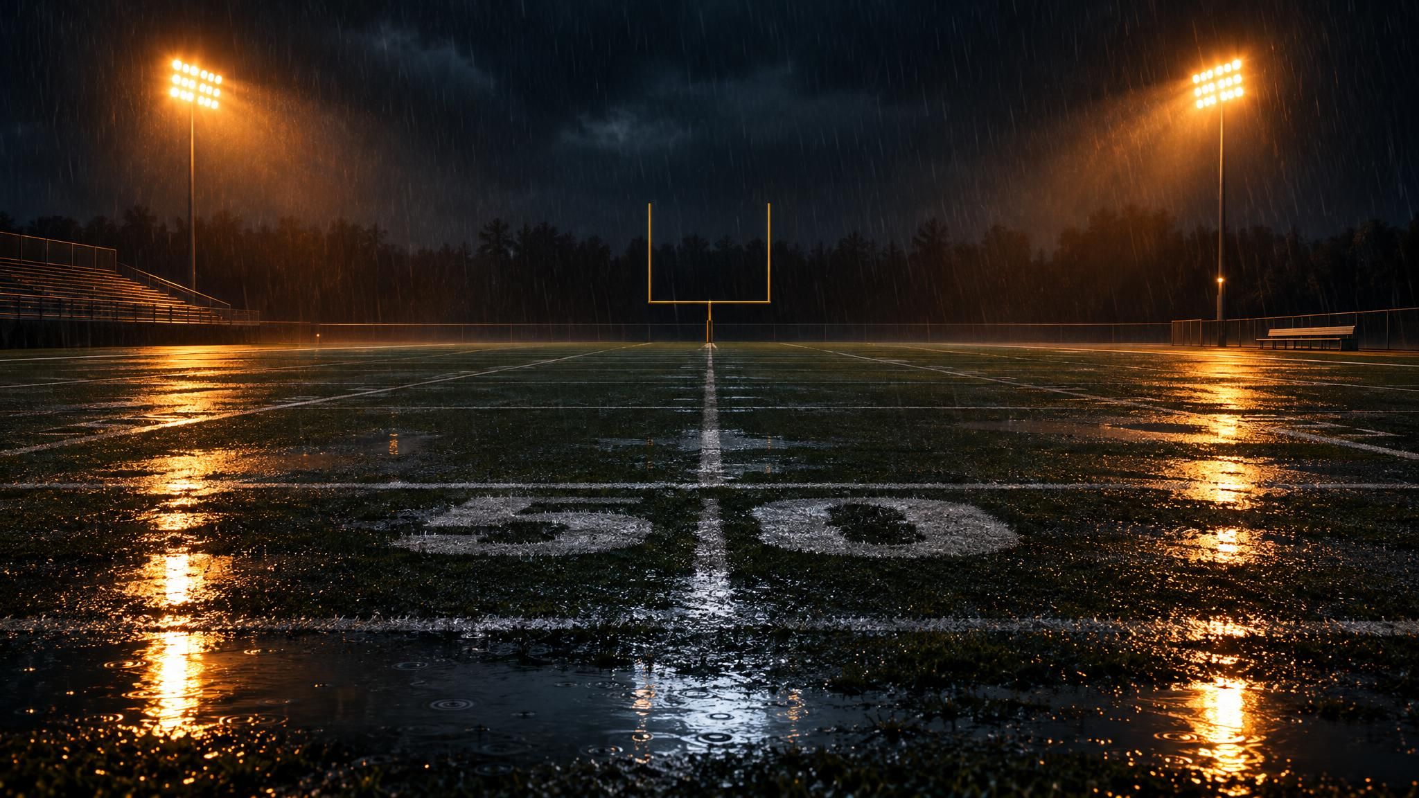 Leeres Footballfeld im Regen unter Flutlicht