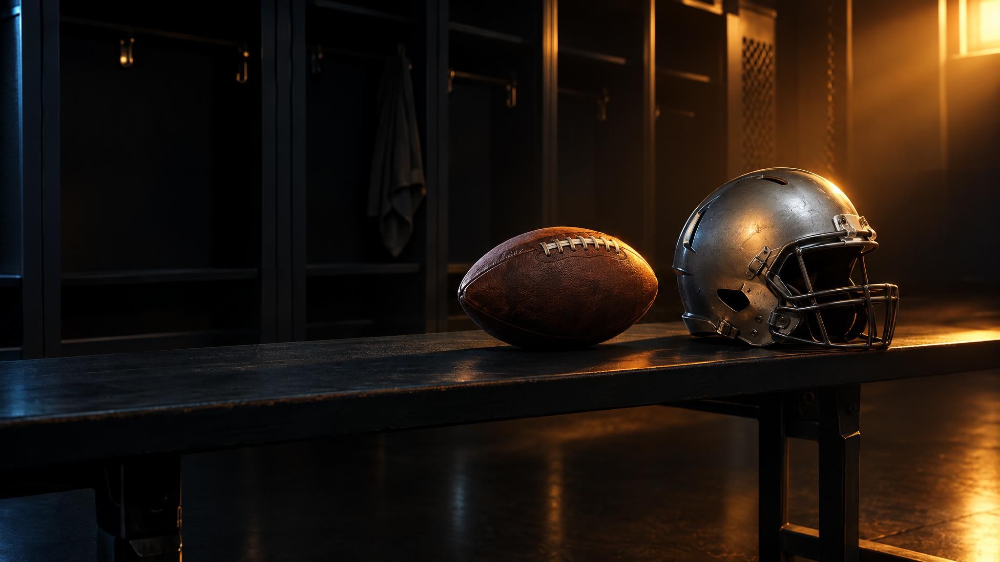 Football und silberner Helm auf einer leeren Umkleidebank