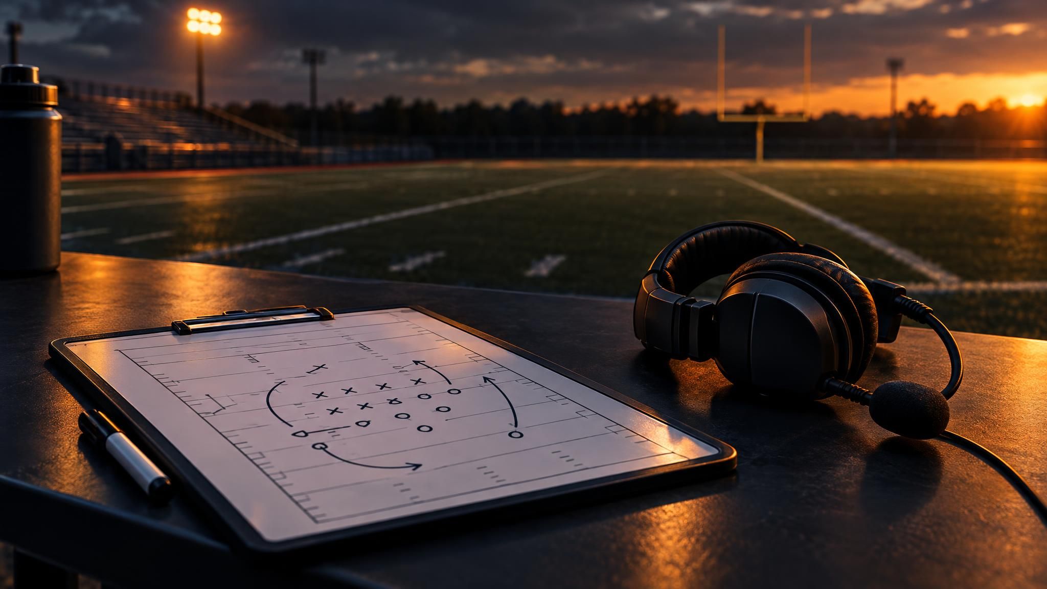 Headset und Taktiktafel am Football-Trainingsfeld