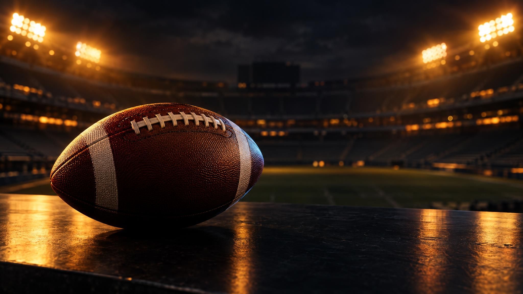 American Football vor einem unscharfen Stadion bei Nacht