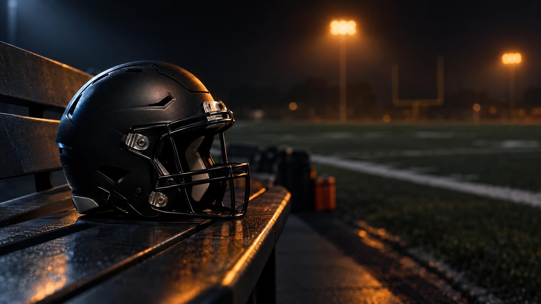 Unbeschrifteter Football-Helm auf einer leeren Bank am Spielfeldrand