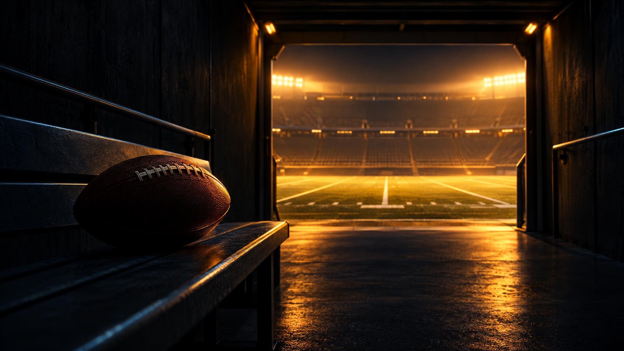 American Football auf einer Bank vor einem beleuchteten Spielfeld