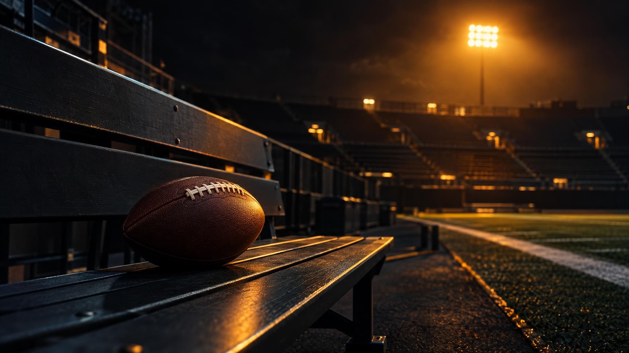 Ein Football auf einer leeren Stadionbank im warmen Flutlicht.