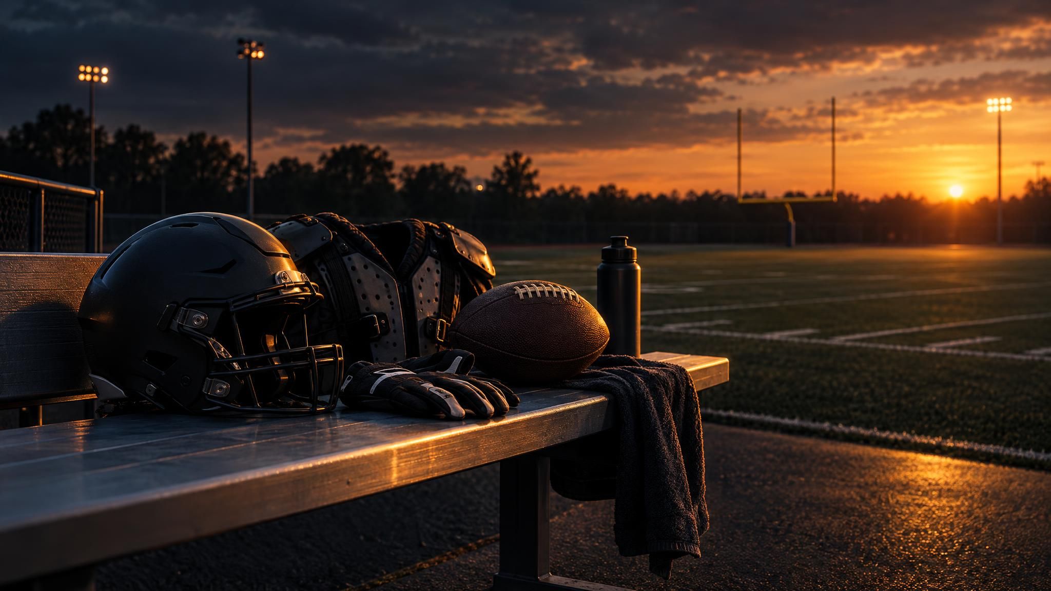 Football-Helm und Trainingsausrüstung an einem leeren Spielfeld