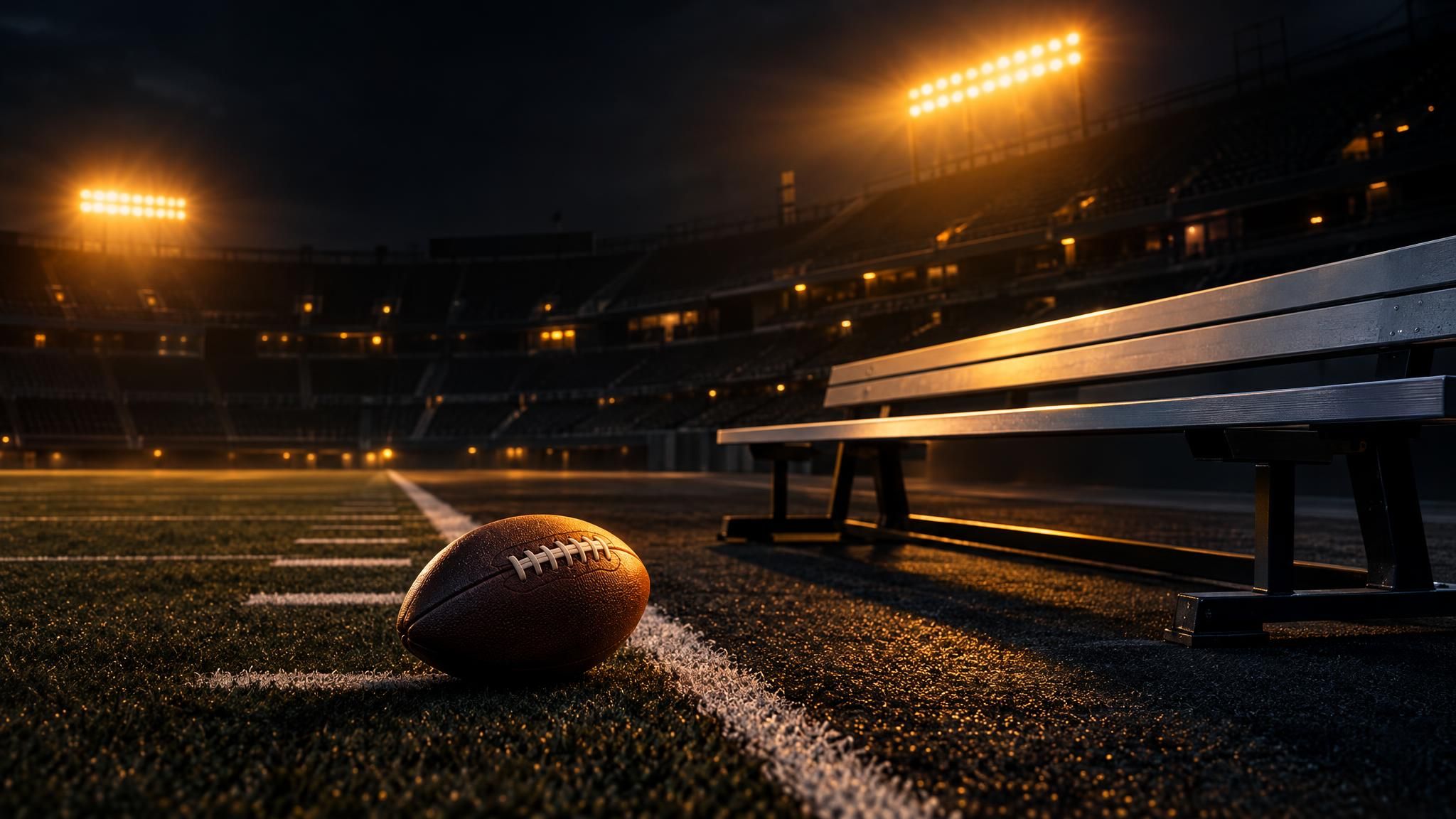 American Football neben einer leeren Bank im abendlichen Stadion
