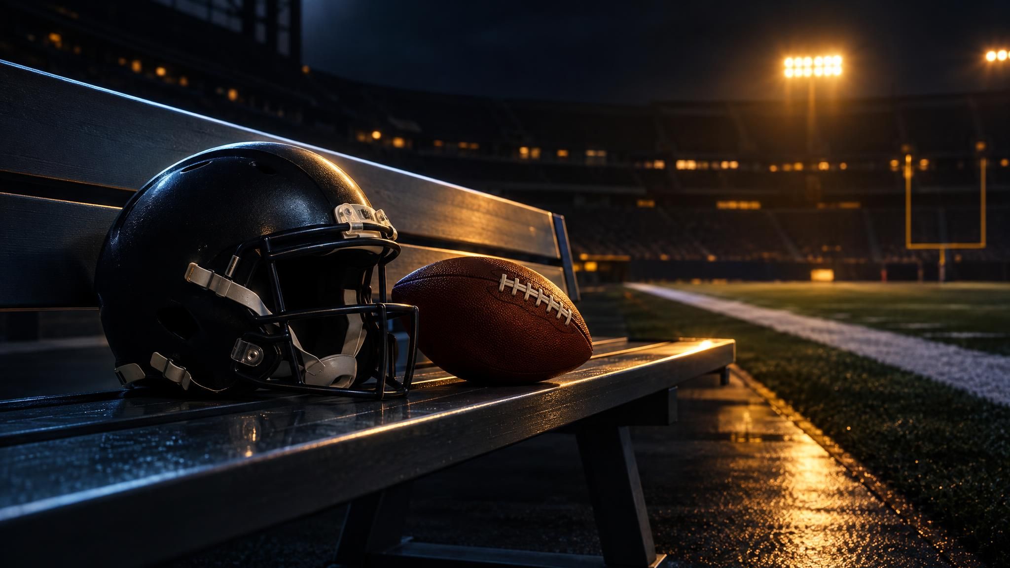 Football und unbeschrifteter Helm auf einer leeren Bank im Stadion
