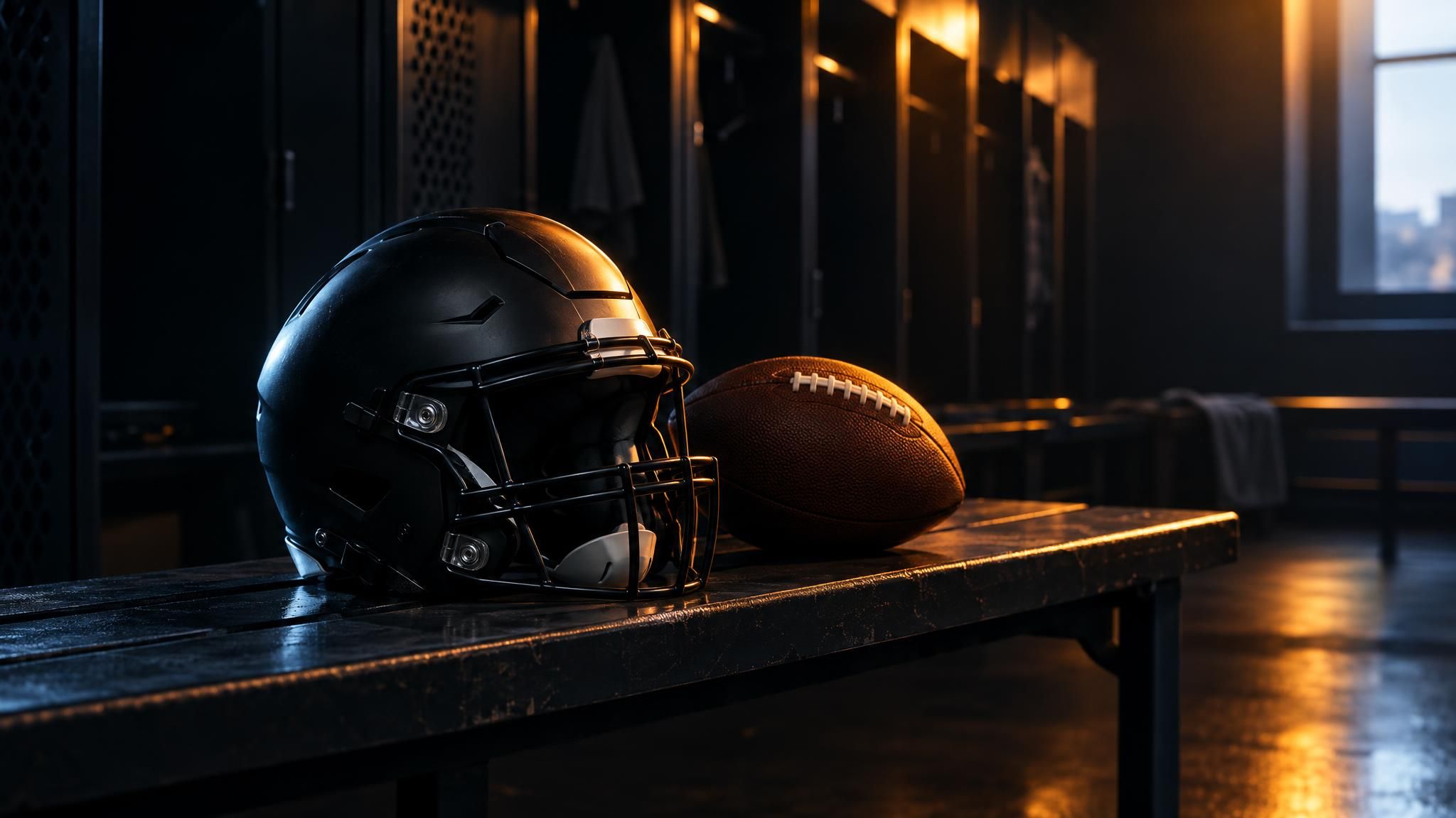 Logofreier Football-Helm und Football auf einer leeren Bank im warmen Seitenlicht