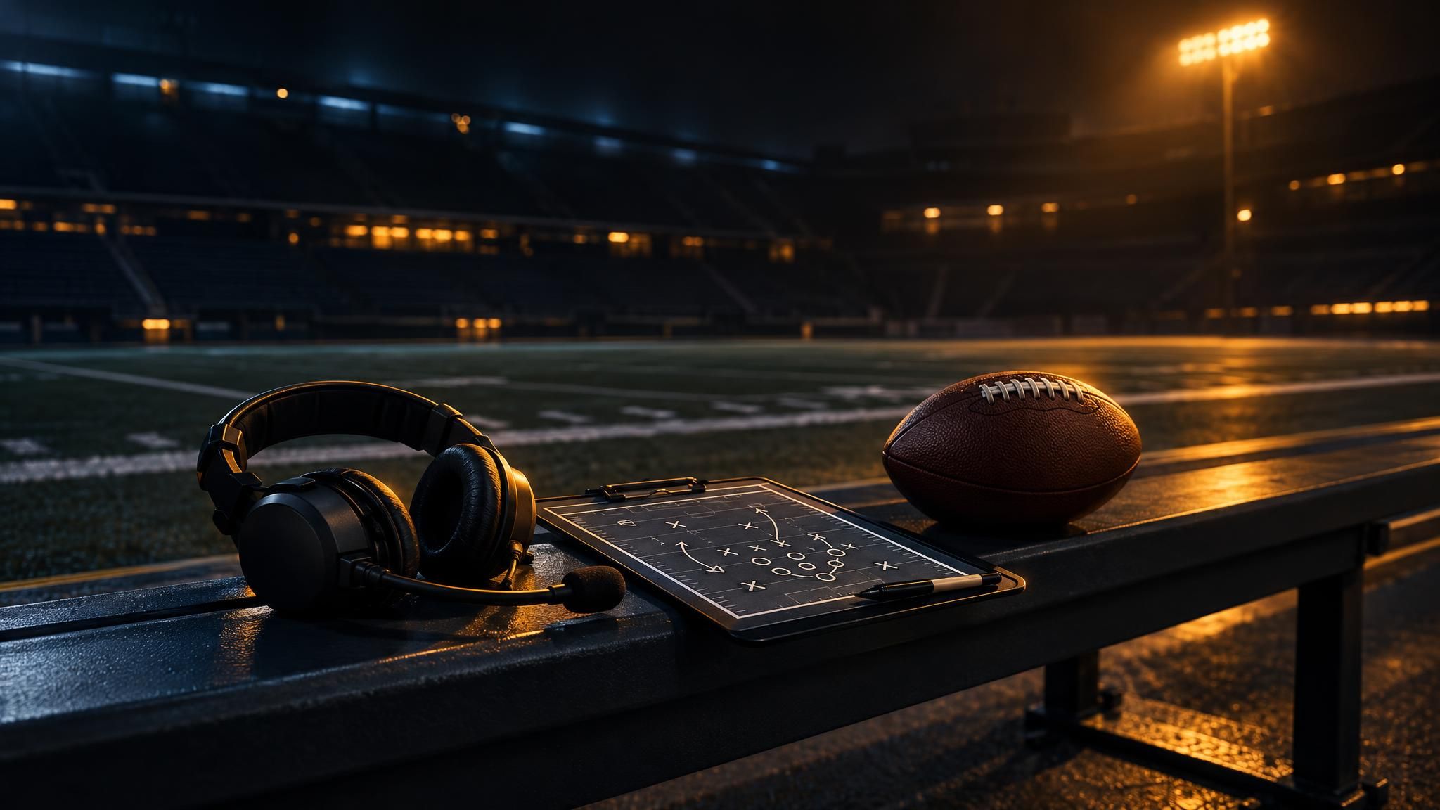 Headset, Spielzugbrett und Football auf einer leeren Bank am Spielfeldrand