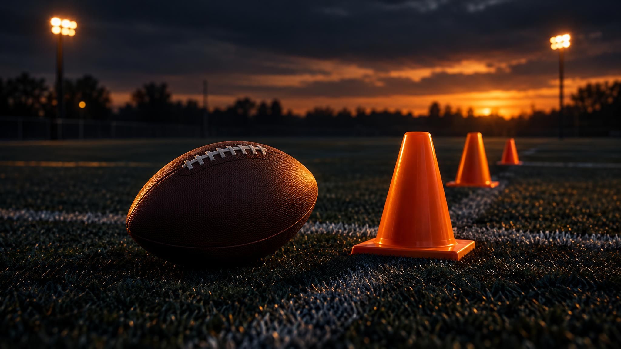 American Football neben Trainingskegeln auf einem leeren Feld