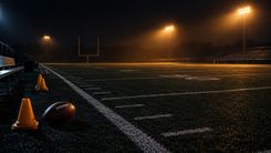 Football und Trainingskegel am Rand eines leeren Trainingsfelds bei warmem Flutlicht