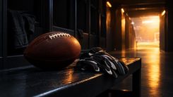 Football und Handschuhe auf einer dunklen Bank im warmen Licht